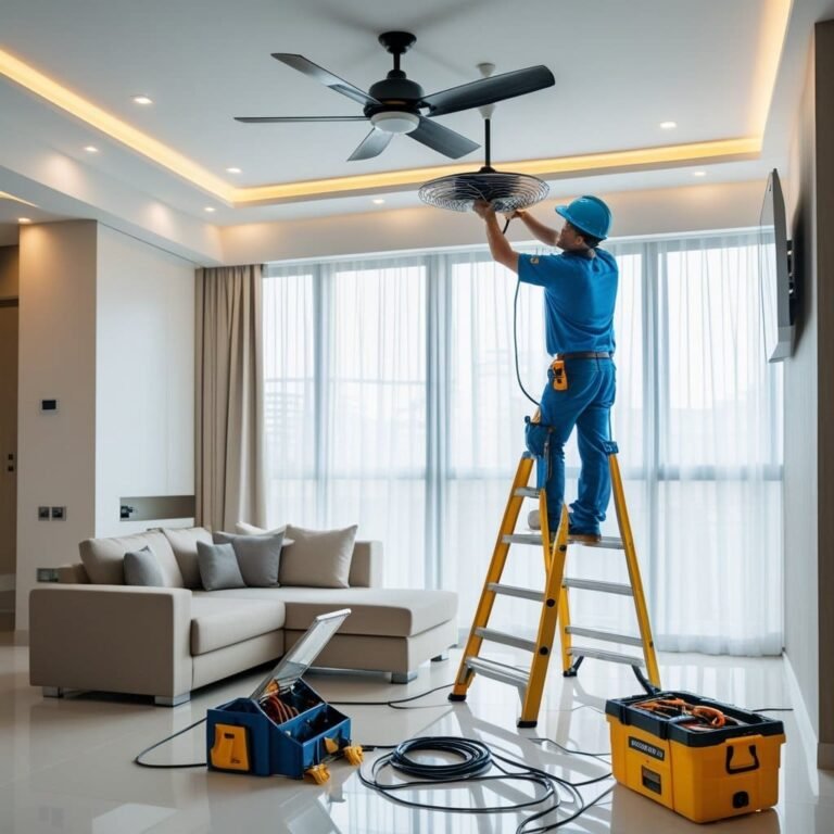 Electrician installing ceiling fan in Geelong home