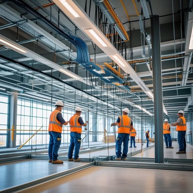 Electrician performing commercial electrical fitout in a Geelong office building