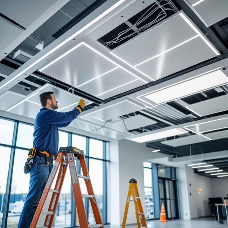 Electrician installing modern commercial lighting in a business premises in Geelong