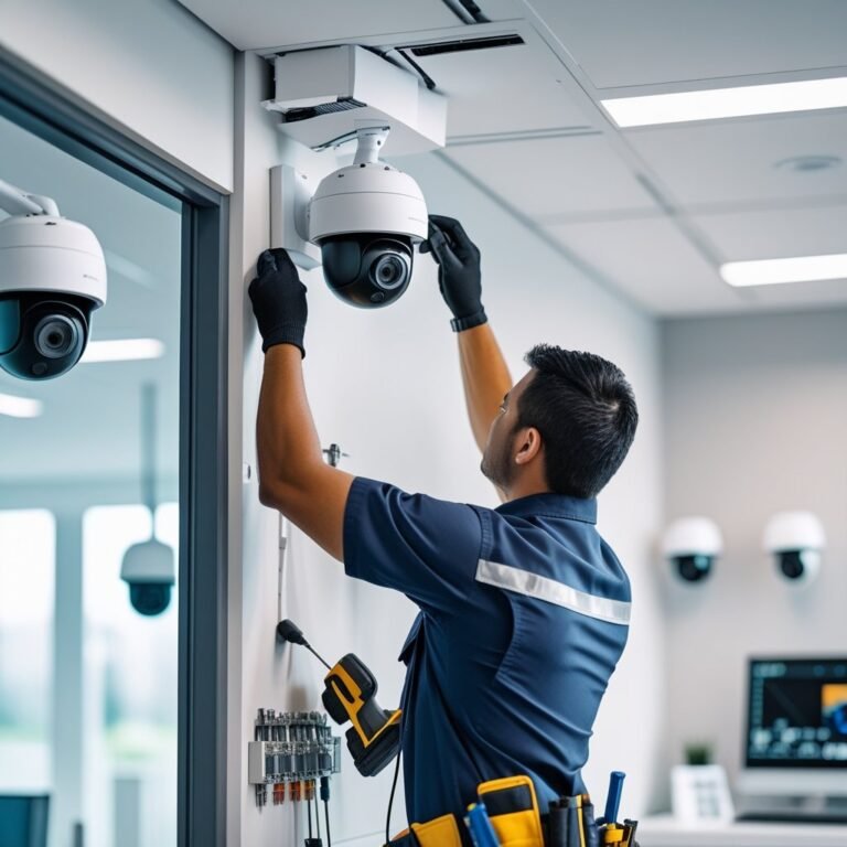 Technician installing a CCTV security camera in a commercial building in Geelong