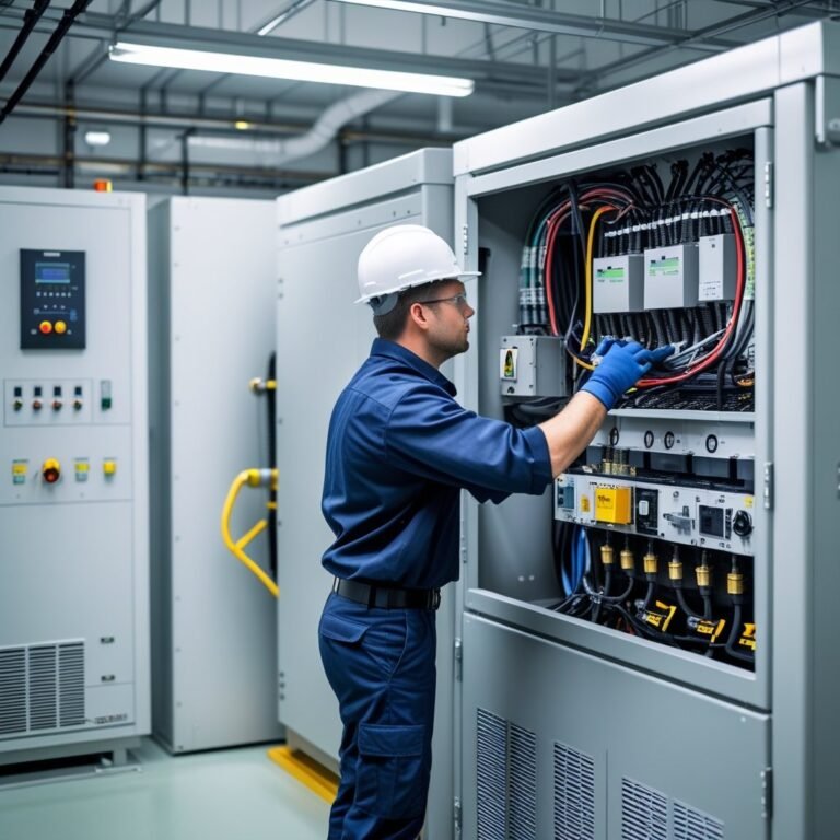 Electrician performing emergency power system maintenance in Geelong facility