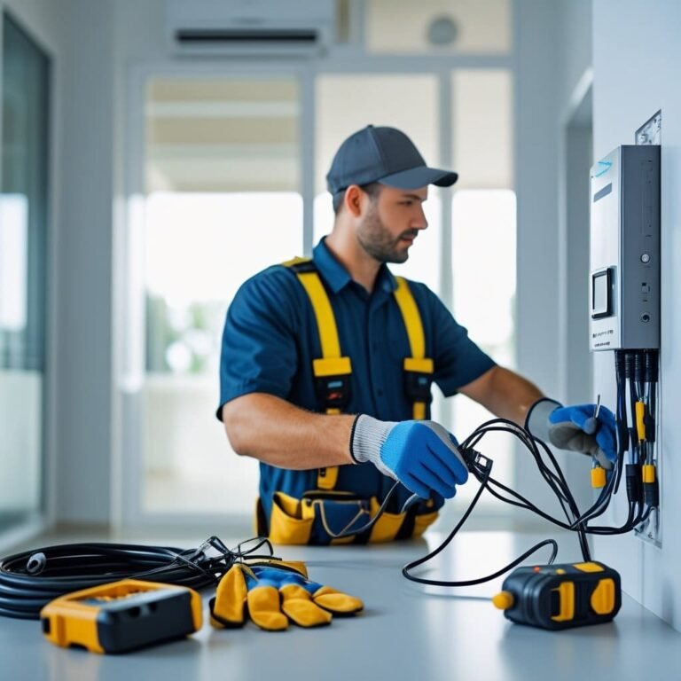 Electrician installing a modern home security system at a Geelong residence