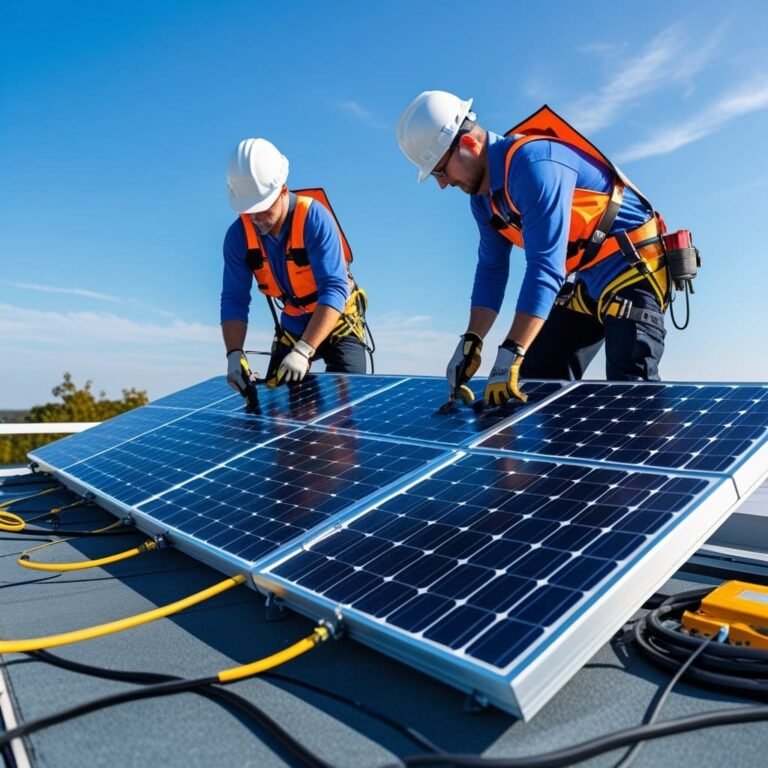 Electricians installing rooftop solar panels on Geelong property