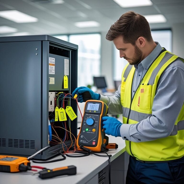 Electrician conducting test and tag electrical safety checks in a Geelong commercial office